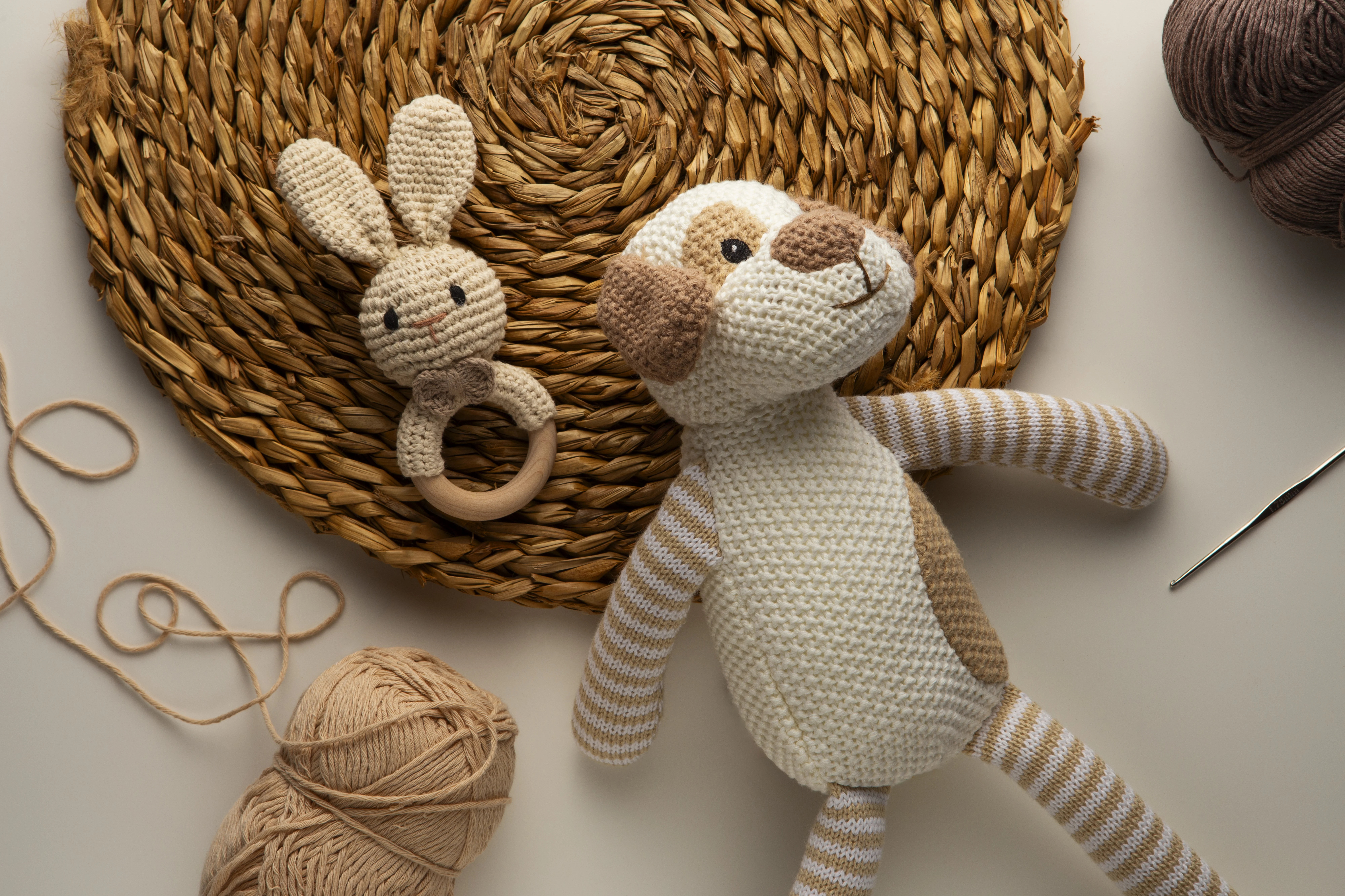 top view crochet plush still life